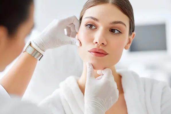 Woman receiving a cosmetic injection at a dermatology clinic
